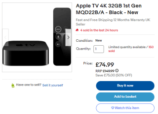 Gather an Apple TV 4K 32GB MQD22B/A from eBay for £59.99
