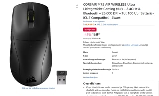 Corsair M75 AIR - Ultralichte Draadloze Gamingmuis - 26.000 DPI voor €59,99 bij Amazon