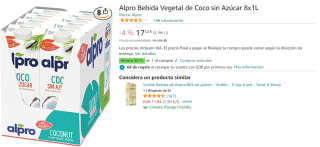 2 Packs de 8 Unidades de 1L de Alpro Bebida Vegetal de Coco sin Azúcar por 26.28€