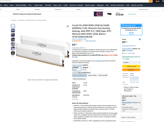 Crucial Pro RAM DDR5 32GB (2x16GB) 6400MHz CL38 Memoria Overclocking Gaming, Intel XMP 3.0 / AMD Expo Memoria RAM DDR5 32GB por solo 89,89€