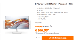 HP 524sw (24") Series 5 FHD Monitor (Wit) voor €106,99 bij NBB