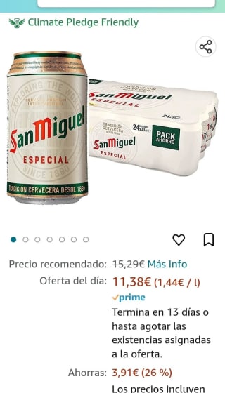 San Miguel Especial Cerveza Premium Lager, Pack de 24 Latas x 33cl por 11,38€.