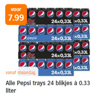 Alle Pepsi trays 24 blikjes à 0.33 liter voor €7,99 bij de AH