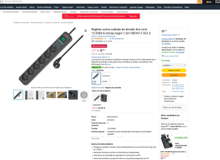 Regleta contra subidas de tensión Eco-Line 13.500A 6-tomas negro 1,5m H05VV-F 3G1,5 por solo 9,99€