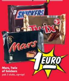 3-pack Snickers, Twix en/of Mars voor €1 bij de Nettorama