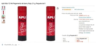 Apli Kids 12146 Pegamento de barra, Rojo, 21 g, Paquete de 5 por 3,84€