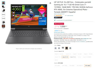 Ordenador portátil Gaming HP Victus 16.1" FHD (i7-13700H, 16GB, 1TB, NVIDIA RTX 4060, FreeDos) por 1099,99€