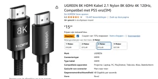 UGREEN 8K HDMI Kabel 2.1 Nylon 8K voor €13,17 bij Amazon