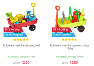 Bolderkar met zandspeelgoed of tuingereedschap voor €12,50 bij Lobbes