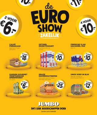Jumbo actie de euro show 4 weken lang heel veel producten voor €1