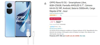 Móvil - OPPO Reno10 5G, Ice Blue, 256 GB, 8 GB RAM, 6.7" AMOLED Full HD+, Mediatek Dimensity 7050, 5000 mAh, Android 13 por 360.31€