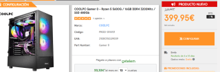 Pc sobremesa Ryzen 5 5600G - Vega 7 integrada - 16GB RAM - 480GB SSD -Wifi por 399,95€