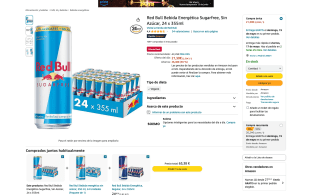 Bebida Red Bull Energética Sugarfree sin Azúcar 24x355ml por 19,17€