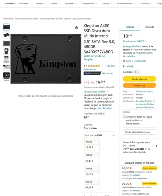 Kingston A400 SSD Disco duro sólido interno 2.5" SATA Rev 3.0 480GB por 19,99€