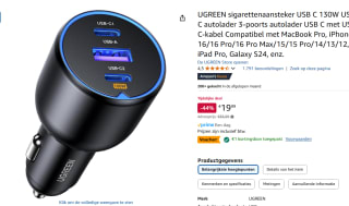 UGREEN Auto-snellader met 3 poorten voor €18,99 bij Amazon