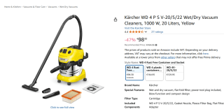 Kärcher Stofzuiger WD 4 P V-20/5/22 Nat/Droog-zuiger voor €98,30 bij Amazon