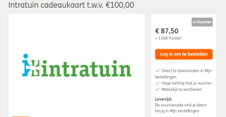 Intratuin cadeaukaart t.w.v. €100 voor €87,50 +1.000 ING punten