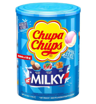 Tubo de 100 Sucettes -Chupa Chups - Parfums Choco/Vanille, Lait/Fraise, Caramel - 0 Pour cent de Matières Grasses-- Boite Milky de 1,2 Kg à 13,90€