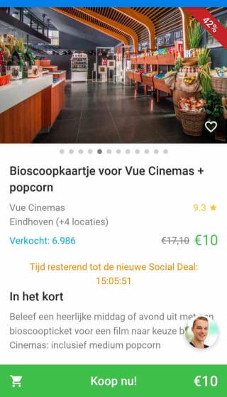 - 42 % korting via social deal / bioscoopkaart vue cinema + medium popcorn voor 10 euro