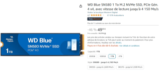 Carte SSD interne M.2 NVMe Western Digital Blue SN580 à 49,99€