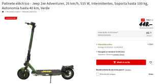 Patinete eléctrico - Jeep 2xe Adventurer, 25 km/h, 515 W, Intermitentes, Soporta hasta 100 kg, Autonomía hasta 40 km por 449€