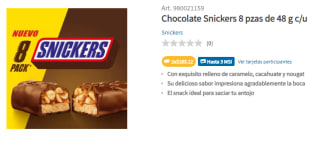 2 Paquetes de 8 Chocolates Snickers por $182 en Sam's Club