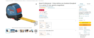 Cinta métrica con Autolock 5m, ancho 27 mm, gancho magnético marca Bosch por 12,95€