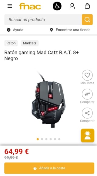 Ratón gaming Mad Catz R.A.T. 8+ Negro por 64,99€.