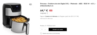 Freidora de aire Digital XXL Princess - ABS - 1500 W - 4.5 L por 64.99€