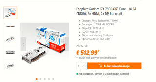 SAPPHIRE Radeon RX 7900 GRE PURE GAMING OC 16GB grafische kaart voor €512,99 bij NBB