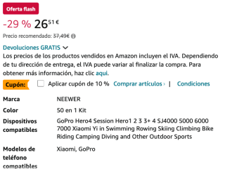 Kit de Accesorios para Cámara 50 en 1 Compatible con GoPro Hero y mas con maletin por solo 23,85€