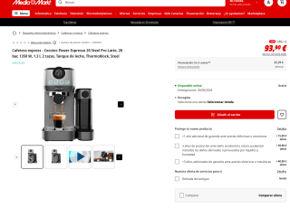 Cafetera express Cecotec Power Espresso 20 Steel Pro Latte 0 bar 1350 W 1.3 l, 2 tazas por 93,90€