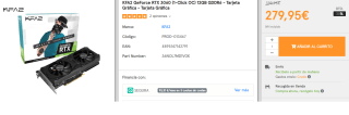 Tarjeta gráfica KFA2 GeForce RTX 3060 (1-Click OC) 12GB GDDR6 por 279,95€