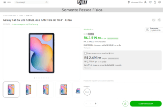 Tablet da Samsung, modelo Galaxy Tab S6 Lite de 128GB - R$ 2.519,10