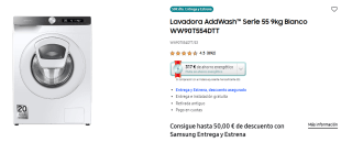 Samsung Lavadora AddWash Serie 55 9kg WW90T554DTT por 354,10€