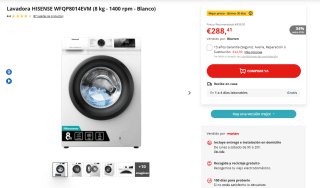 Hisense WFQP8014EVM Lavadora de Carga Frontal 8Kg A por 275,55€