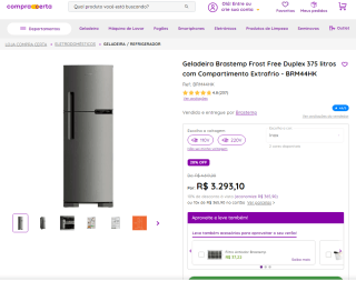 Geladeira da Brastemp, modelo Frost Free Duplex de 375 L - R$ 3.293,10