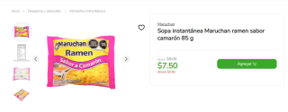 Sopa instantánea Maruchan ramen sabor camarón 85 g por $7,50 en Bodega Aurrera
