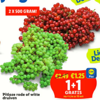 Kilo pitloze witte of rode druiven voor €1,25 bij de Lidl