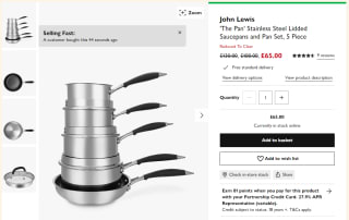 Earn stainless steel lidded saucepans and pan set for £65 at John Lewis