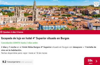 Estancia 1 noche en el Hotel Abba Burgos 4* Superior situado en Burgos por 39€ pxp