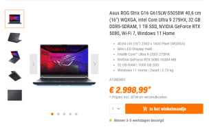 ASUS ROG Strix G16 G615LW-S5058W 16" Core Ultra 9 RTX 5080 Gaming laptop voor €2.998,99 bij Nbb