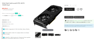 Tarjeta gráfica Palit GeForce RTX 4070 Dual 12GB por 575€