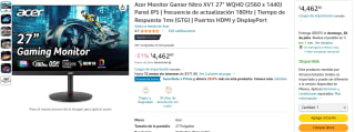 Monitor Acer Nitro XV1 27" WQHD por $4,499 en Amazon