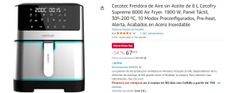 Freidora de aire - Cecotec Cecofry Supreme 8000, 8 L, 1800 W, 30-200°C, 10 modos, Deshidratar, Alerta, Pre-heat, Panel táctil, Inox por 67.64€