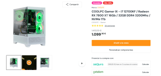 COOLPC Gamer IX - i7 12700KF / Radeon RX 7800 XT 16Gb / 32GB DDR4 3200Mhz / NVMe 1Tb por 1.099,95€