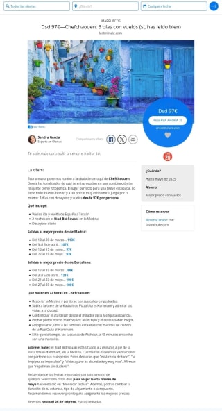 Chefchaouen Ciudad marroquí 3 días con desayunos y vuelos desde 97€.