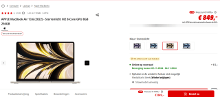 Apple MacBook Air 2022 M2 8-core, 8GB ram, 8-core GPU, 256GB ssd, Qwerty, Goud voor €849 bij de Mediamarkt