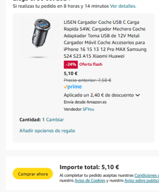 LISEN Cargador Coche USB C Carga Rapida 54W por 5,10€