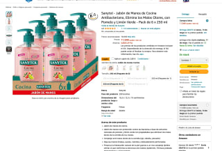 Jabón SANYTOL de cocina Antibacteriano Pomelo y Limón Verde 6 x 250 ml por